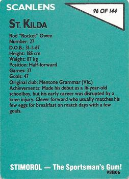 1988 Scanlens VFL #96 Rod Owen Back